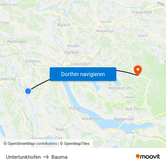 Unterlunkhofen to Bauma map