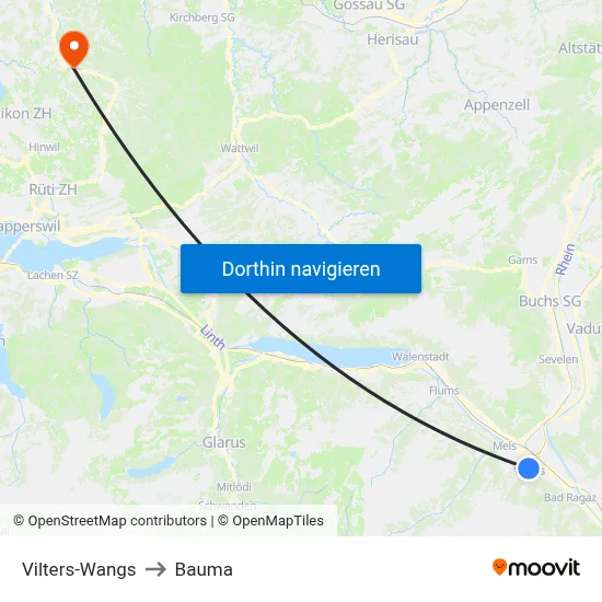 Vilters-Wangs to Bauma map