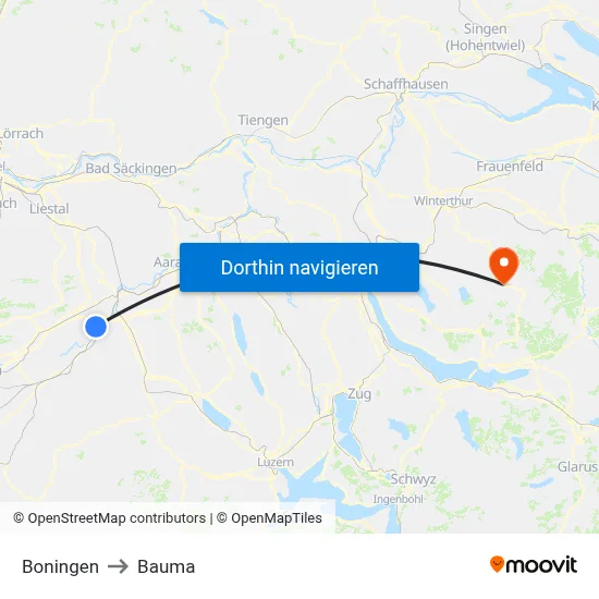Boningen to Bauma map