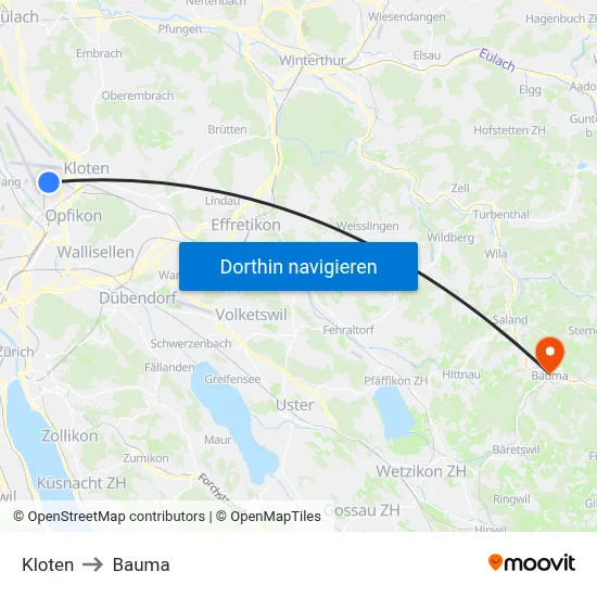 Kloten to Bauma map