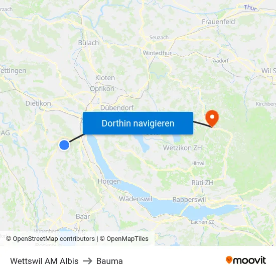 Wettswil AM Albis to Bauma map