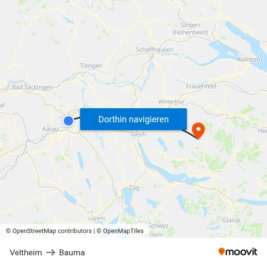 Veltheim to Bauma map