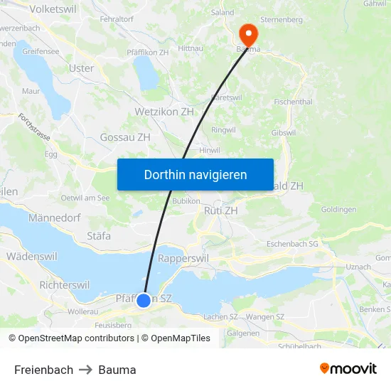 Freienbach to Bauma map