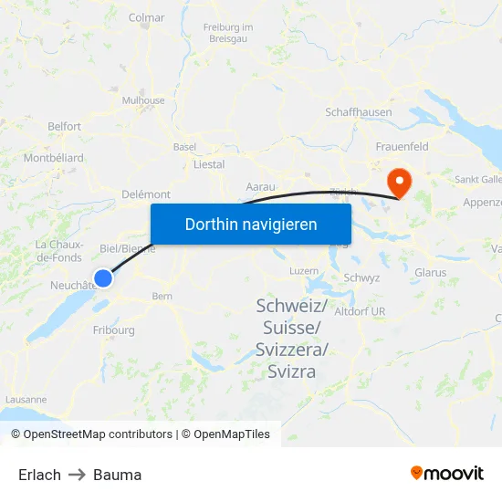Erlach to Bauma map