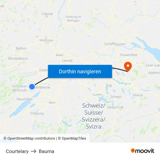 Courtelary to Bauma map