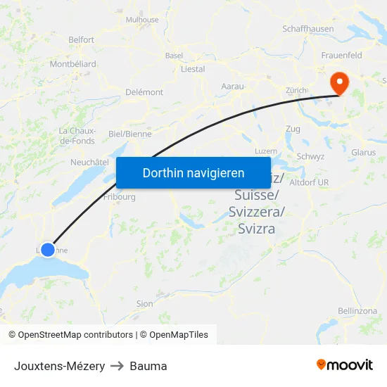 Jouxtens-Mézery to Bauma map