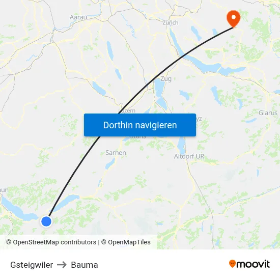 Gsteigwiler to Bauma map