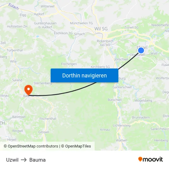 Uzwil to Bauma map