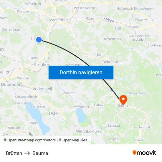Brütten to Bauma map
