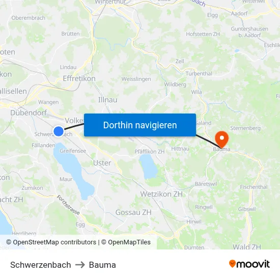 Schwerzenbach to Bauma map