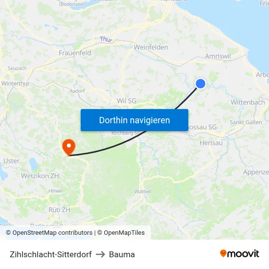 Zihlschlacht-Sitterdorf to Bauma map