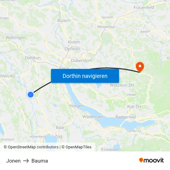 Jonen to Bauma map