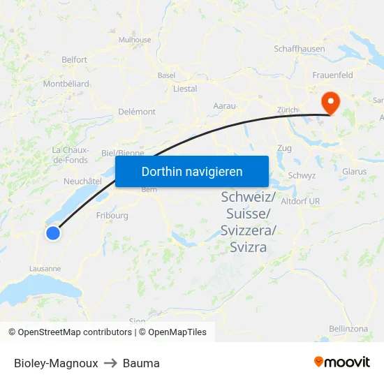 Bioley-Magnoux to Bauma map