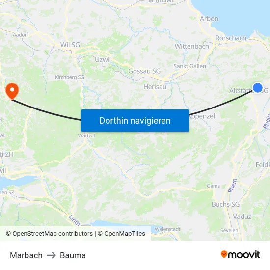 Marbach to Bauma map
