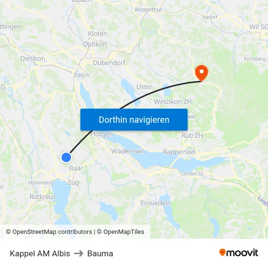 Kappel AM Albis to Bauma map