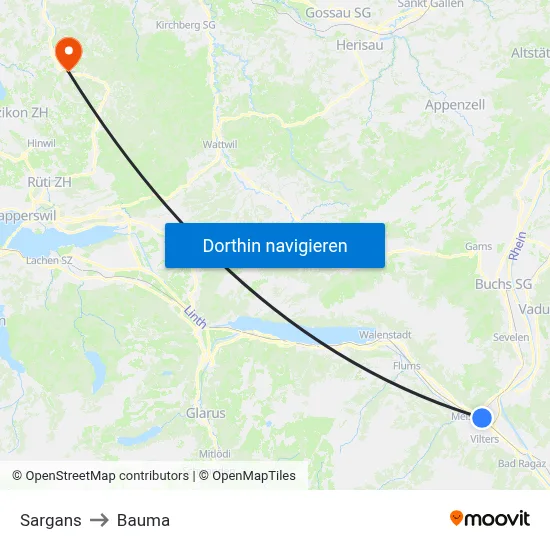 Sargans to Bauma map