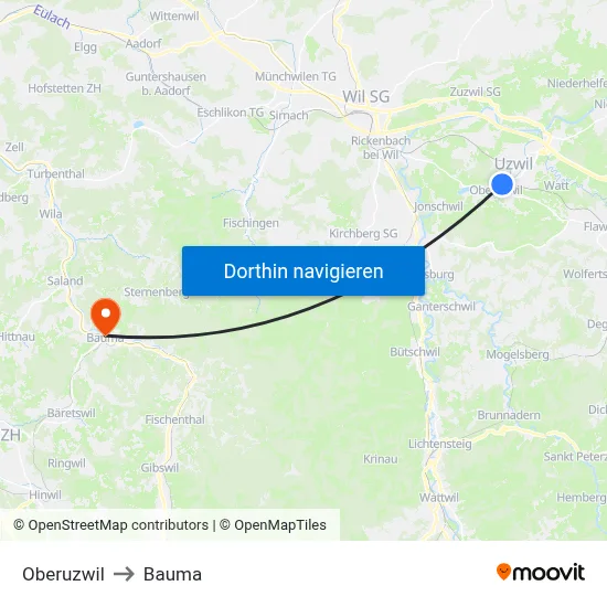 Oberuzwil to Bauma map