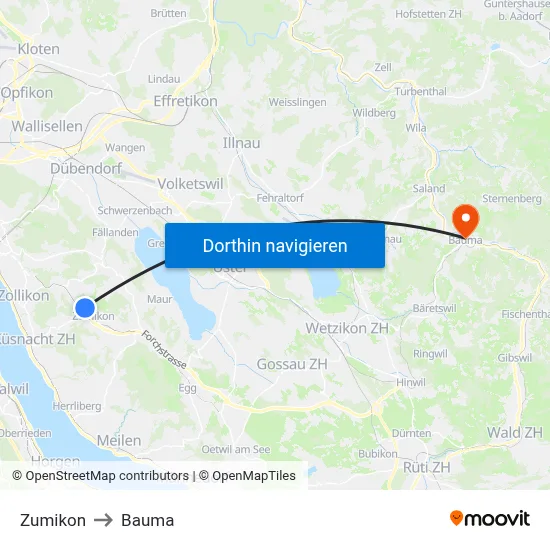 Zumikon to Bauma map