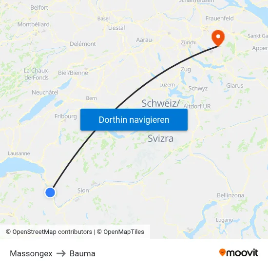 Massongex to Bauma map