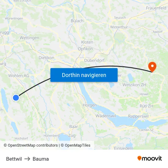 Bettwil to Bauma map