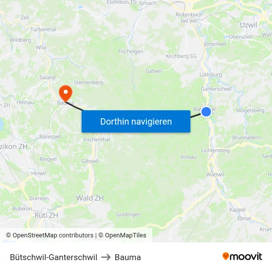 Bütschwil-Ganterschwil to Bauma map