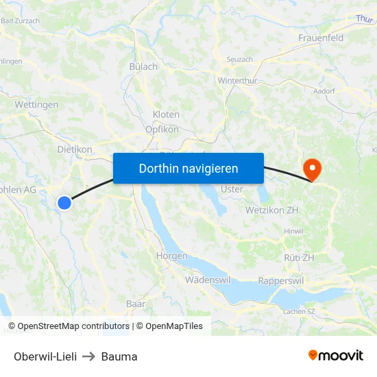 Oberwil-Lieli to Bauma map