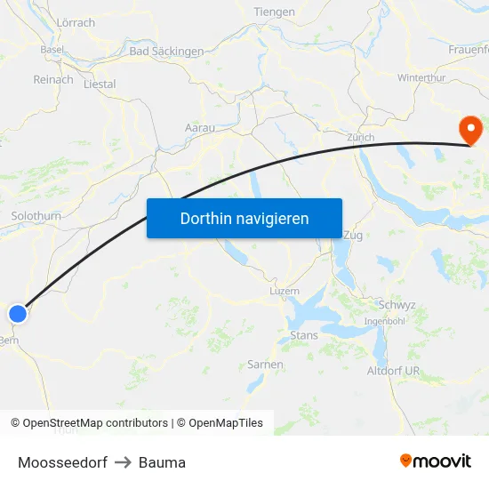 Moosseedorf to Bauma map