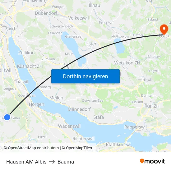 Hausen AM Albis to Bauma map
