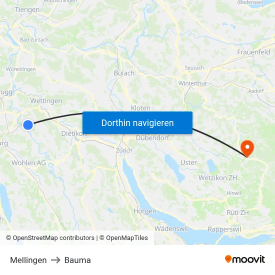 Mellingen to Bauma map