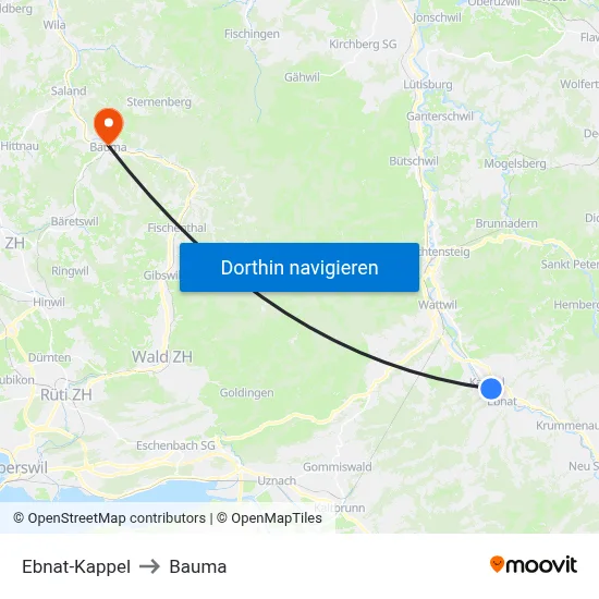 Ebnat-Kappel to Bauma map