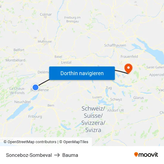Sonceboz-Sombeval to Bauma map