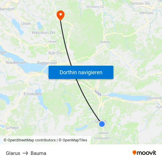 Glarus to Bauma map