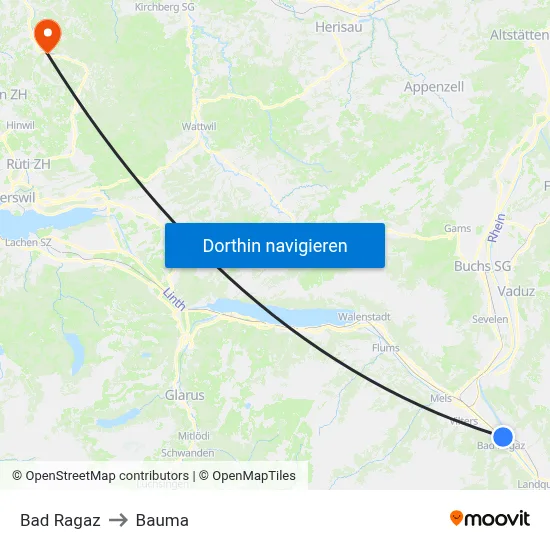 Bad Ragaz to Bauma map