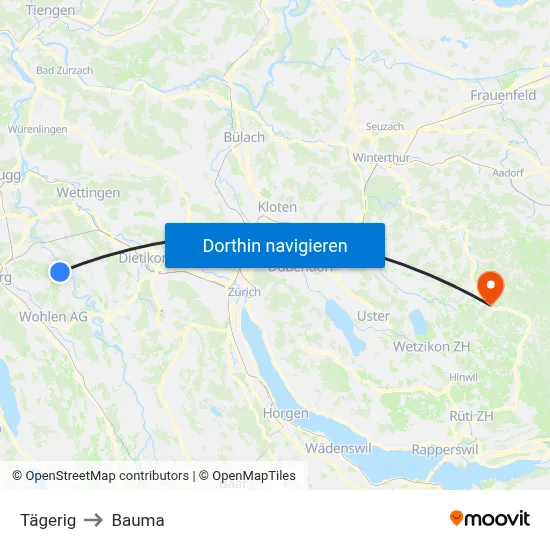 Tägerig to Bauma map