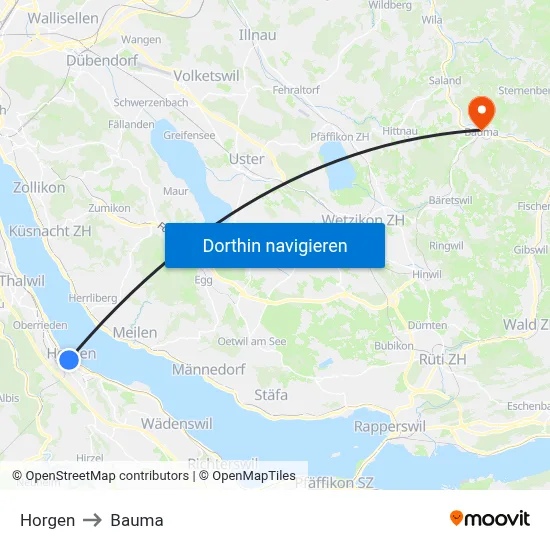 Horgen to Bauma map