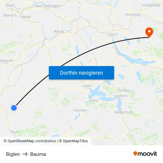 Biglen to Bauma map