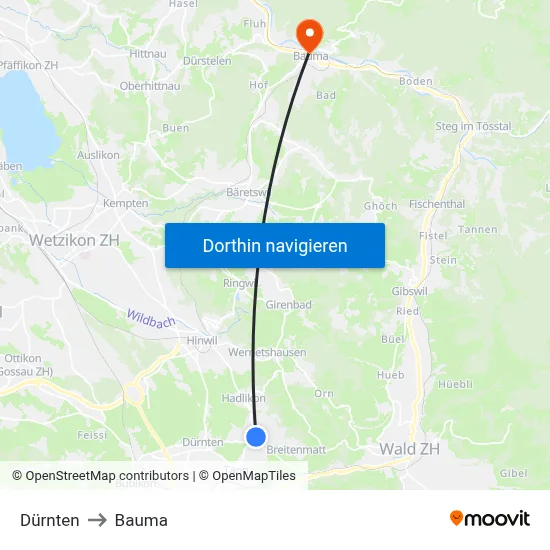 Dürnten to Bauma map