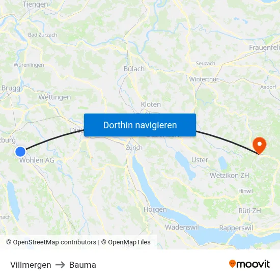 Villmergen to Bauma map