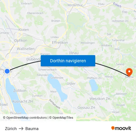 Zürich to Bauma map