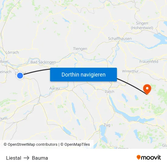 Liestal to Bauma map