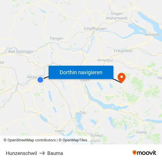 Hunzenschwil to Bauma map