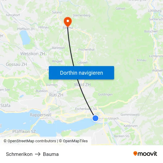 Schmerikon to Bauma map