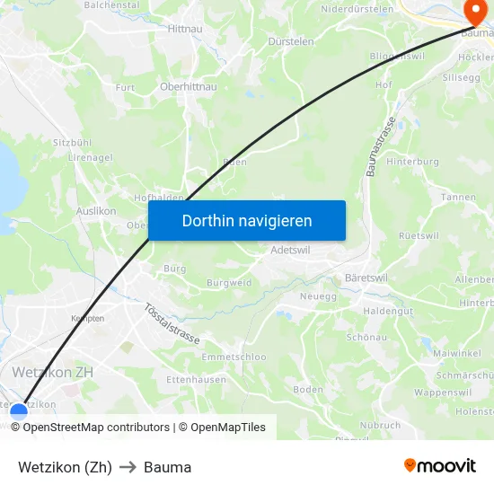 Wetzikon (Zh) to Bauma map