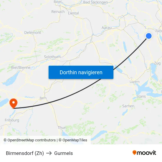 Birmensdorf (Zh) to Gurmels map