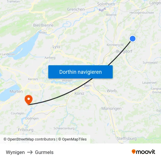 Wynigen to Gurmels map