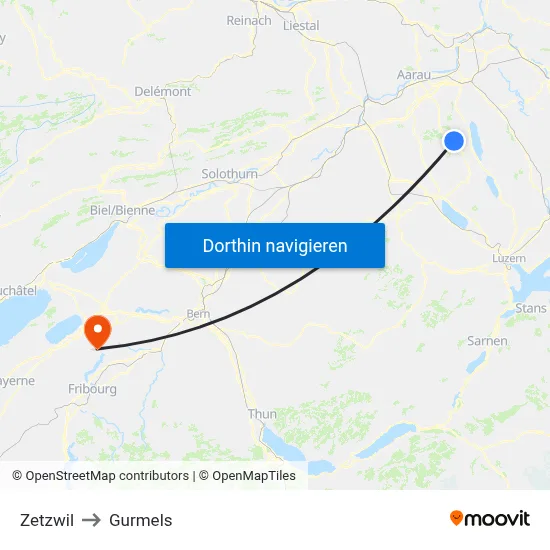 Zetzwil to Gurmels map