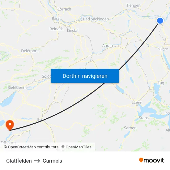 Glattfelden to Gurmels map