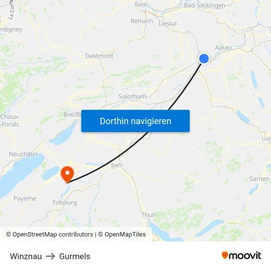 Winznau to Gurmels map