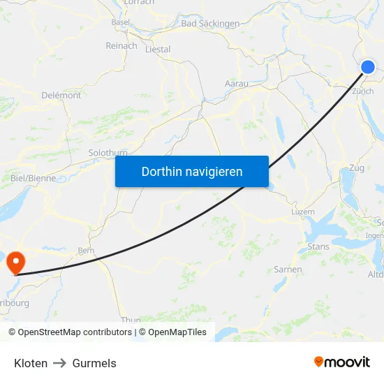 Kloten to Gurmels map