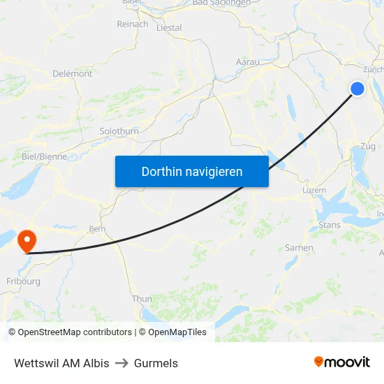 Wettswil AM Albis to Gurmels map